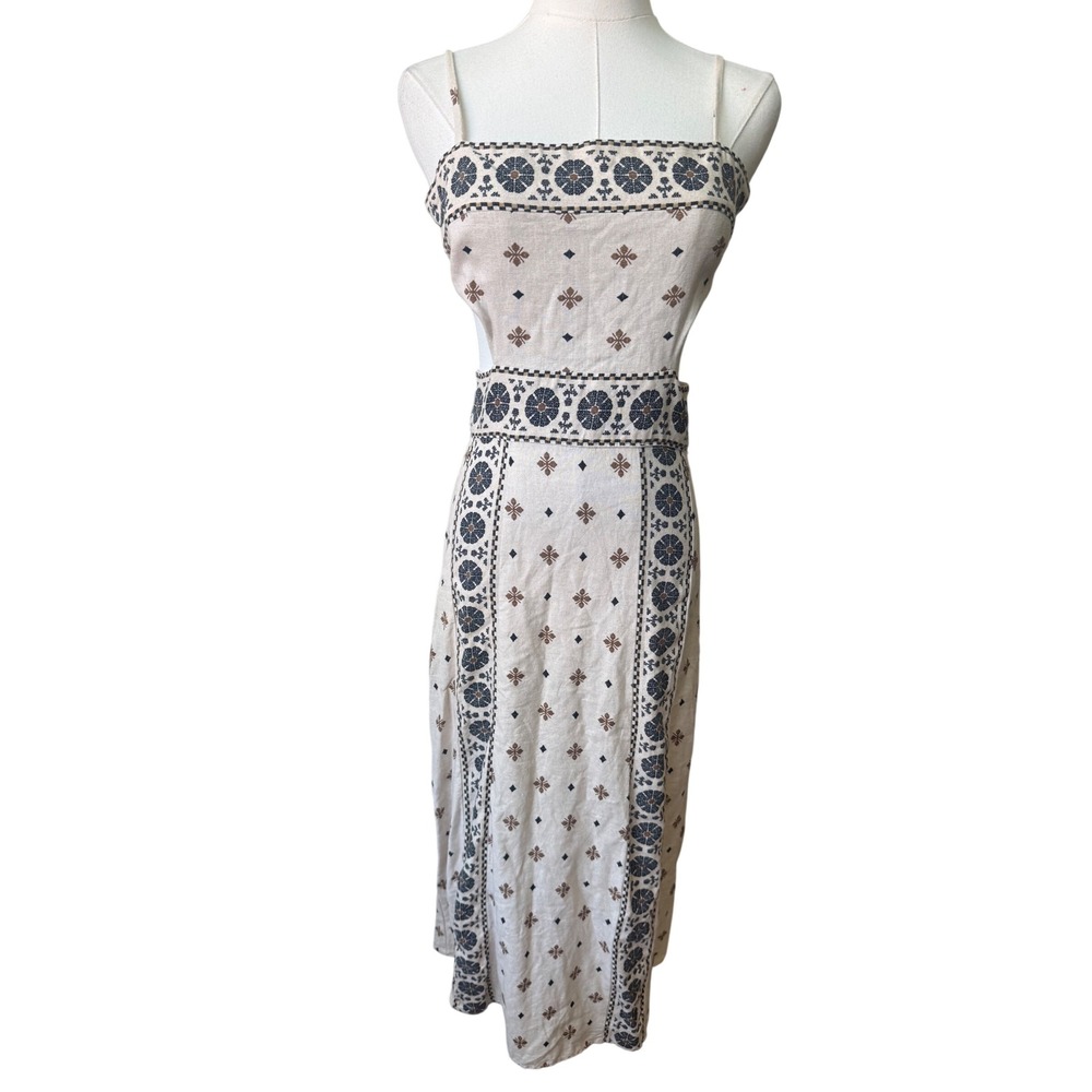 Zara Midi Linen Embroidered Summer Boho Cut Out Dress S Euro Vacation Resort - Picture 3 of 12